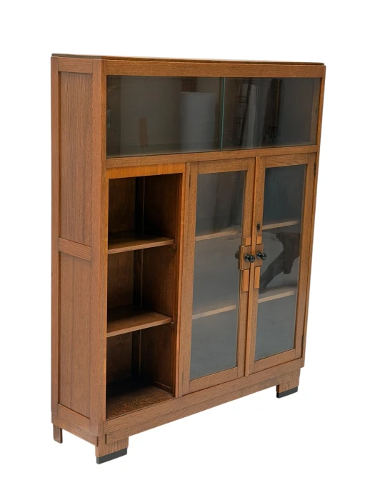 1930s Art Deco Modernist Bookcase, Solid Oak with Glass Doors